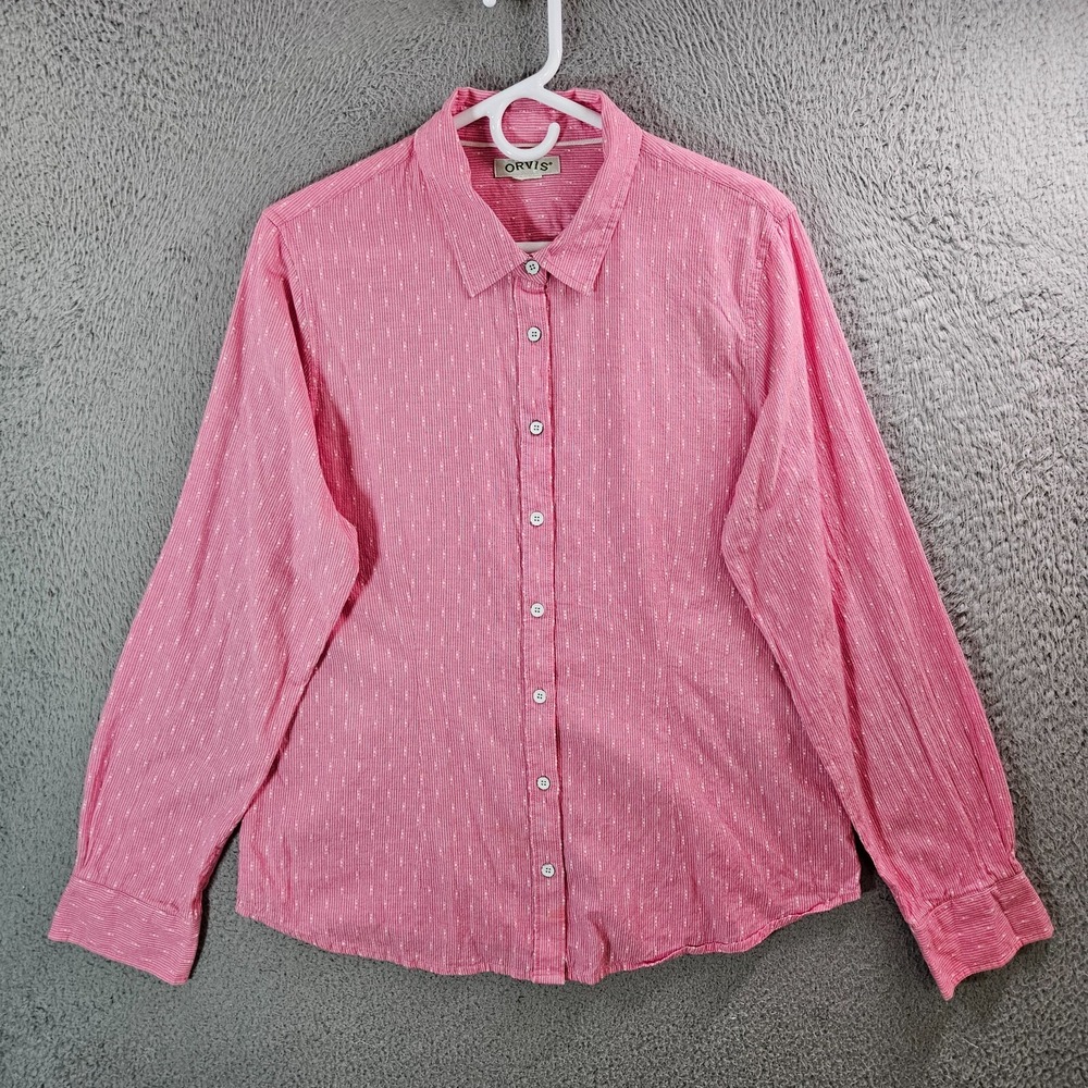 Orvis Shirt Women Medium Button Up Long Sleeve‎ Red White Striped